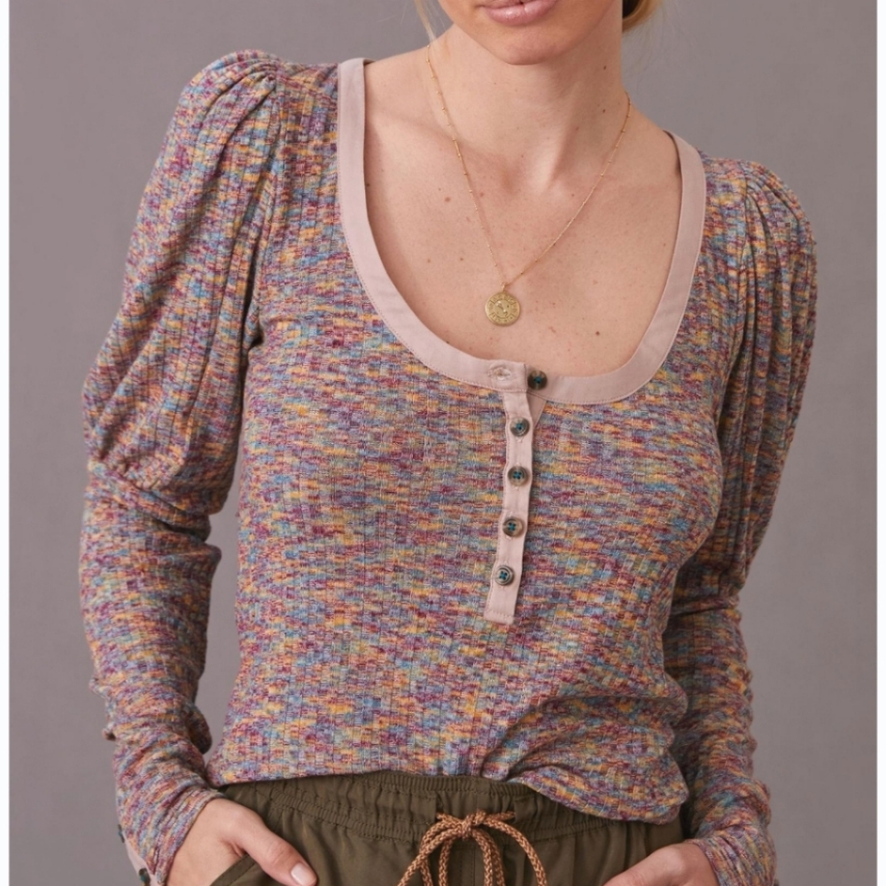 Anthropologie | Multicolor Puff-Sleeve Henley Long Sleeve Top - sz SM